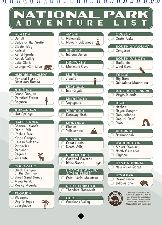 National Park Posters 2026 Calendar