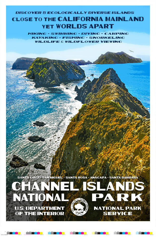 Channel Islands National Park artist proof featuring diverse islands, coastal cliffs, and vibrant colors with park details.