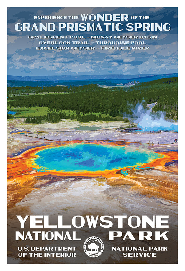 Grand Prismatic Spring poster featuring vibrant colors, text details, and scenic views of Yellowstone National Park.