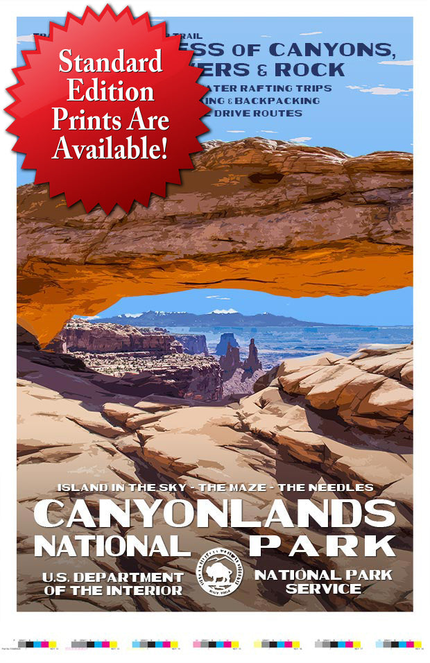 Canyonlands National Park artist proof featuring colorful canyon landscapes and text about park details and activities.