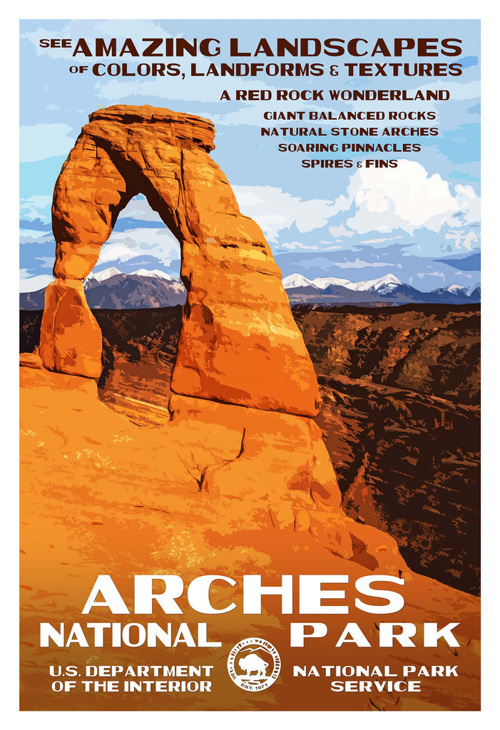 Arches National Park poster featuring a large rock arch with red and orange hues, mountains in the background, and text de...