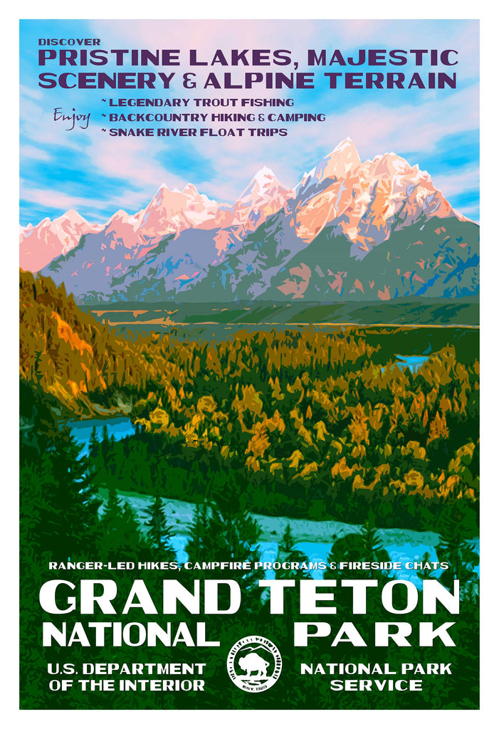 Grand Teton National Park poster showcasing Snake River Overlook with mountains, trees, and a vibrant sky.