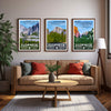 Yosemite National Park poster set featuring Tunnel View, Half Dome, and Yosemite Valley in framed displays above a couch.