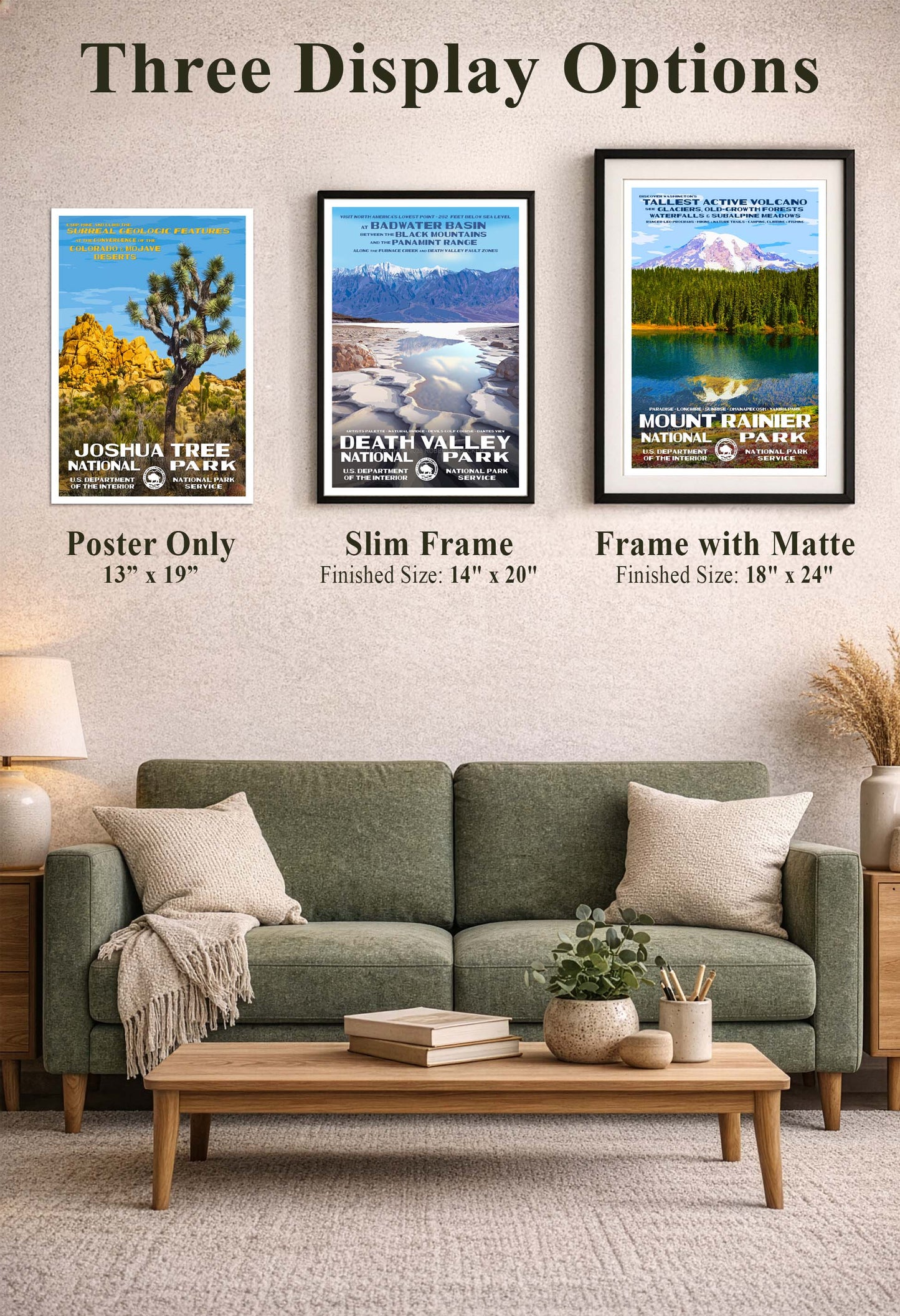 Three framed display options for national park posters on a green couch, showcasing sizes and styles.