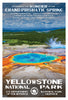 Grand Prismatic Spring poster featuring vibrant colors, text details, and scenic views of Yellowstone National Park.
