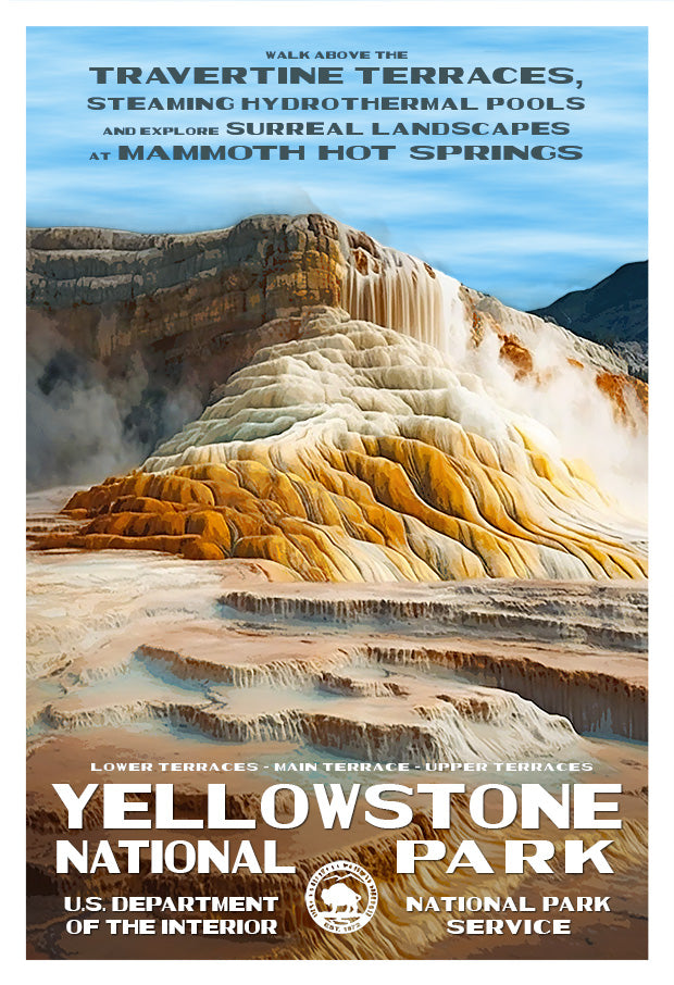 Yellowstone National Park bundle featuring Mammoth Hot Springs with colorful travertine terraces and hydrothermal pools.