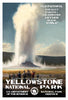 Old Faithful geyser erupting with visitors in Yellowstone National Park, featuring a vintage-style poster design.