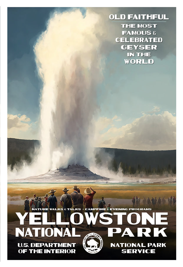 Old Faithful geyser erupting with visitors in Yellowstone National Park, featuring a vintage-style poster design.
