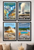 Four framed posters depicting Yellowstone National Park, featuring Lower Falls, Old Faithful, Grand Prismatic Spring, and ...