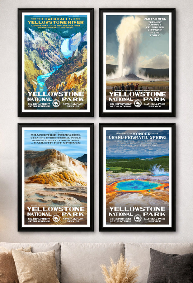 Four framed posters depicting Yellowstone National Park, featuring Lower Falls, Old Faithful, Grand Prismatic Spring, and ...