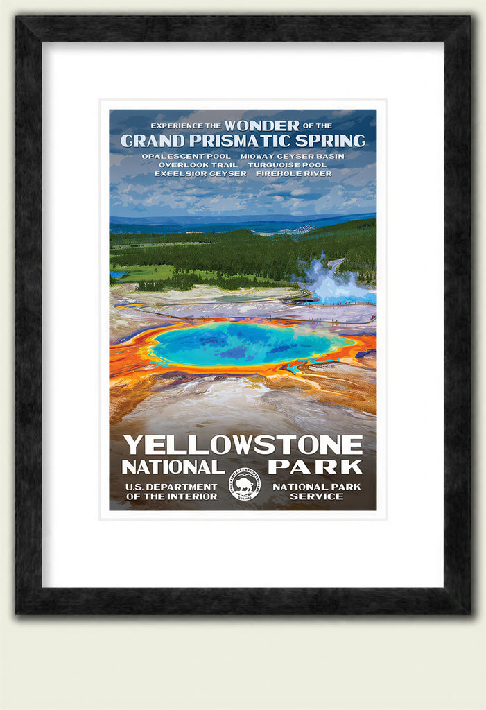 Framed poster of Grand Prismatic Spring in Yellowstone, featuring vibrant colors and park details at the bottom.