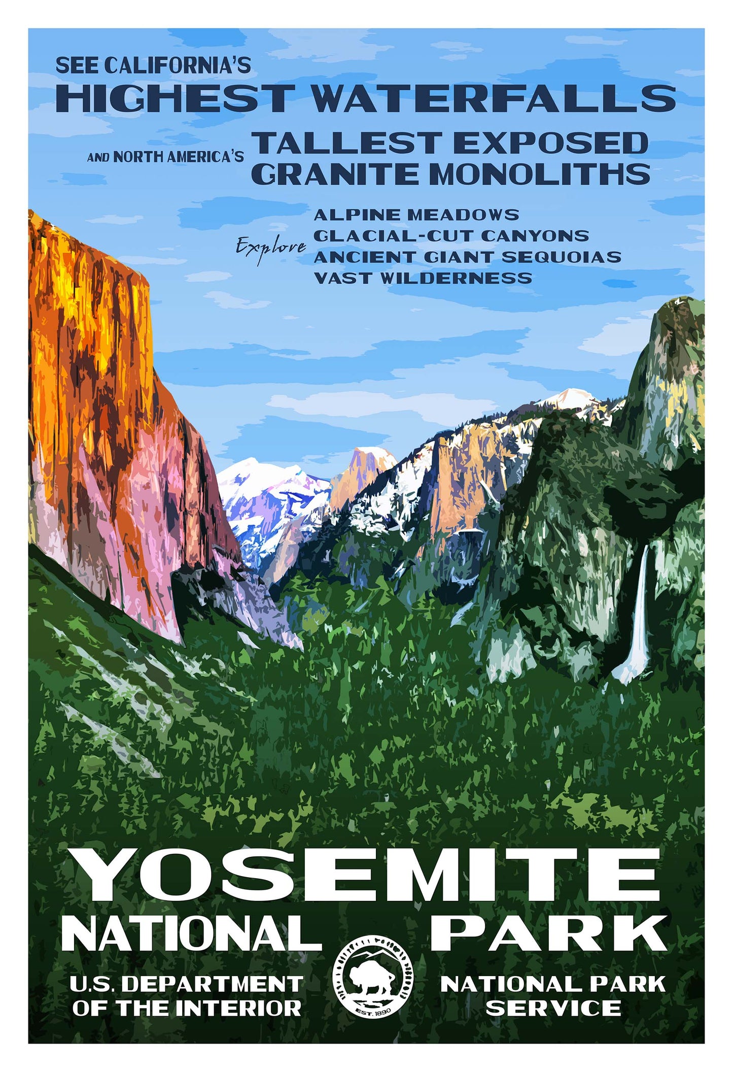 Yosemite National Park poster featuring Tunnel View, showcasing mountains, waterfalls, and vibrant blue sky.