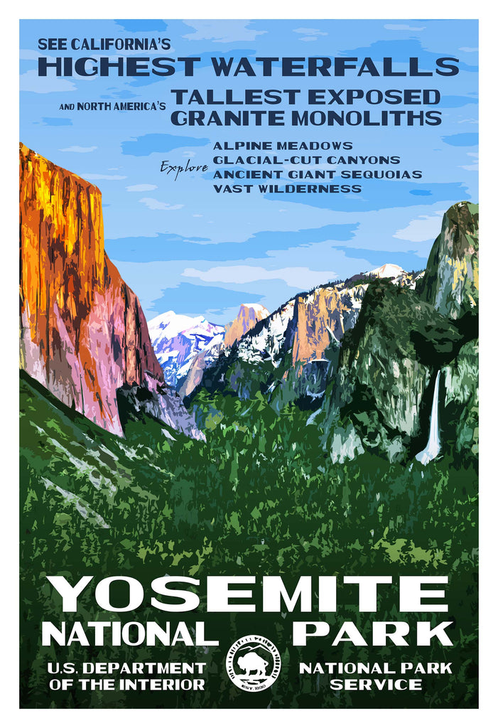 Yosemite National Park poster featuring Tunnel View, showcasing mountains, waterfalls, and vibrant blue sky.