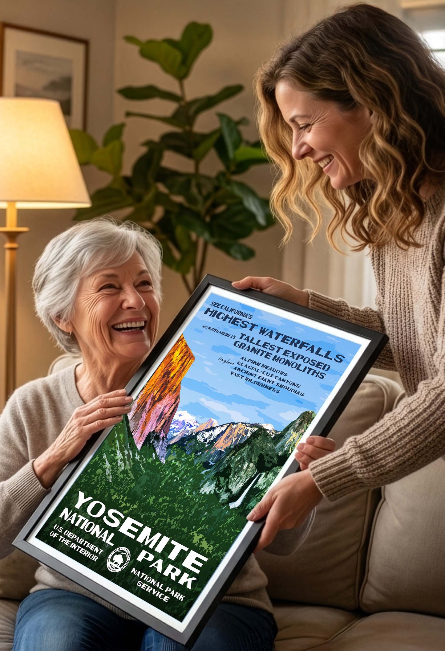 A woman hands a Yosemite National Park poster to an older woman, both smiling, in a cozy living room setting.