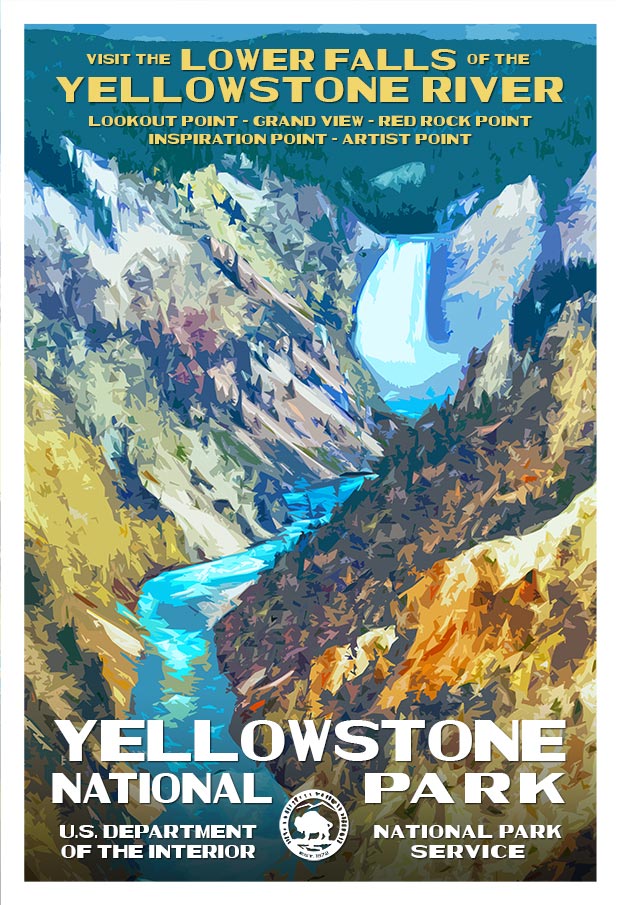 Vintage travel poster for Yellowstone National Park featuring the Lower Falls and colorful mountainous landscape.