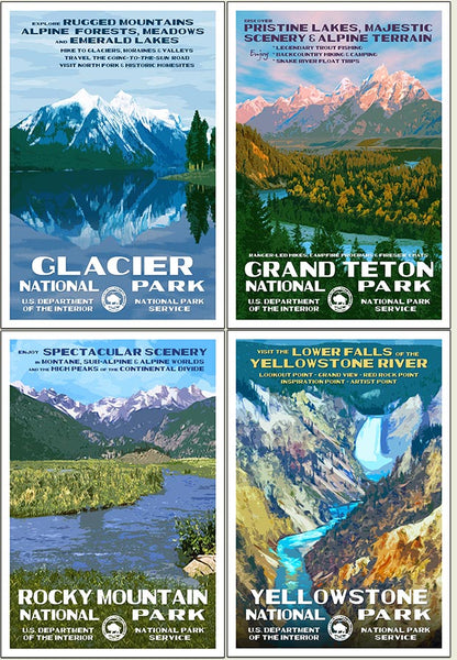 National Parks of Montana - 2 Poster Set with - Glacier National Park & Yellowstone National Park, Signed by the store Artist.