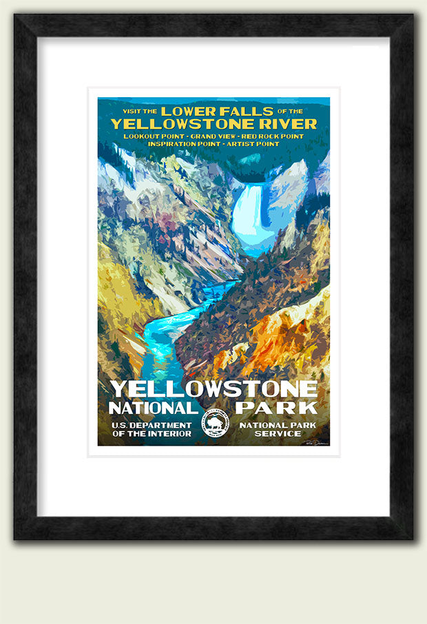 Yellowstone National Park poster featuring Lower Falls, with vibrant colors and scenic mountain landscape.