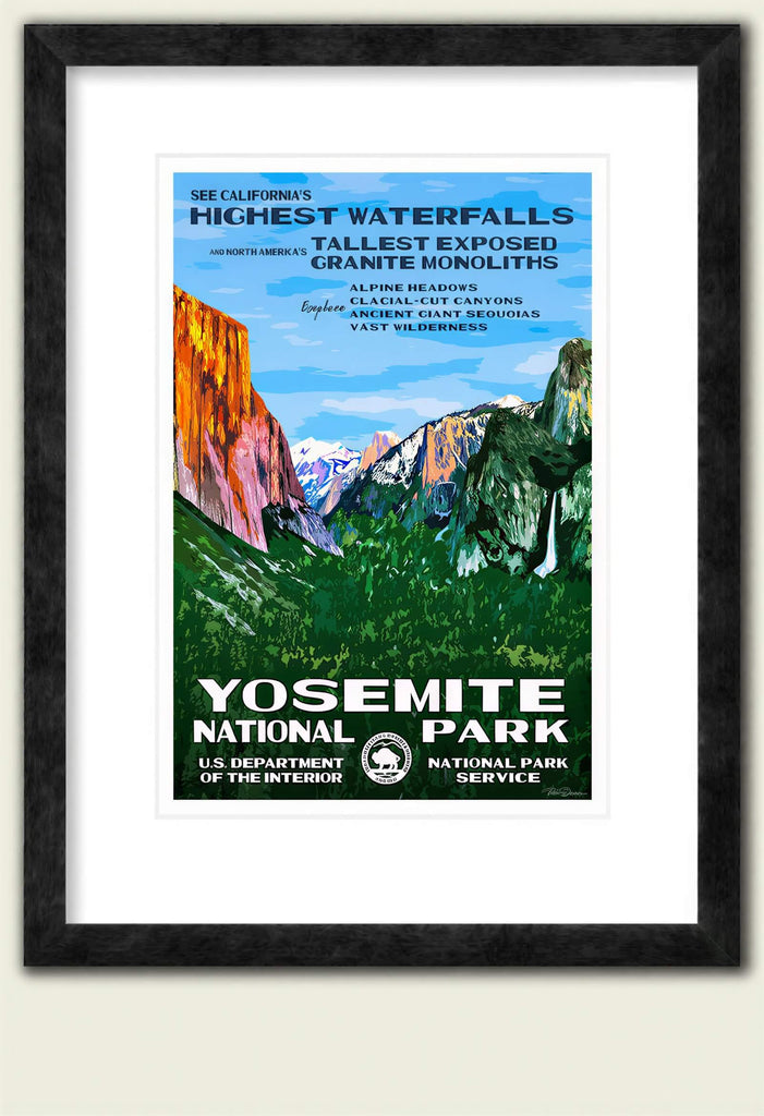Yosemite National Park poster featuring Tunnel View with vibrant colors and text highlighting waterfalls and granite monol...