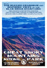 Great Smoky Mountains National Park poster featuring blue ridge mountains and text about hiking and nature.